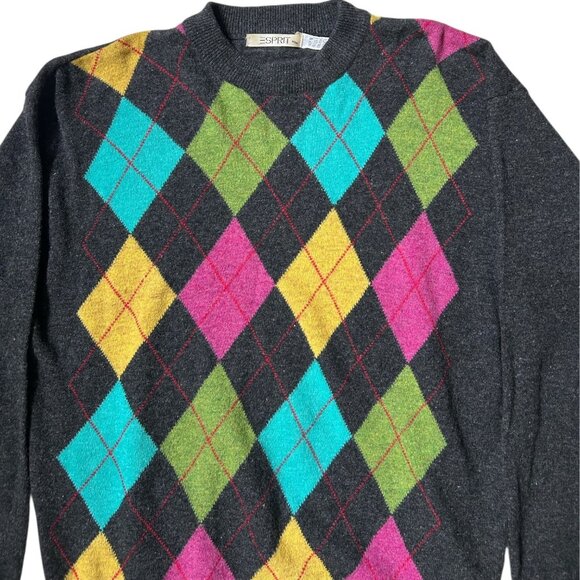 90s vintage argyle pattern Esprit sweater wool blend grey crewneck preppy. - Picture 2 of 4